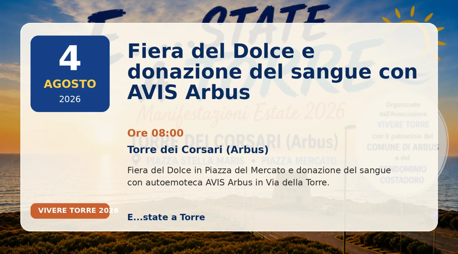 Fiera del Dolce e donazione del sangue con AVIS Arbus - evento a Torre dei Corsari il 4 agosto 2026