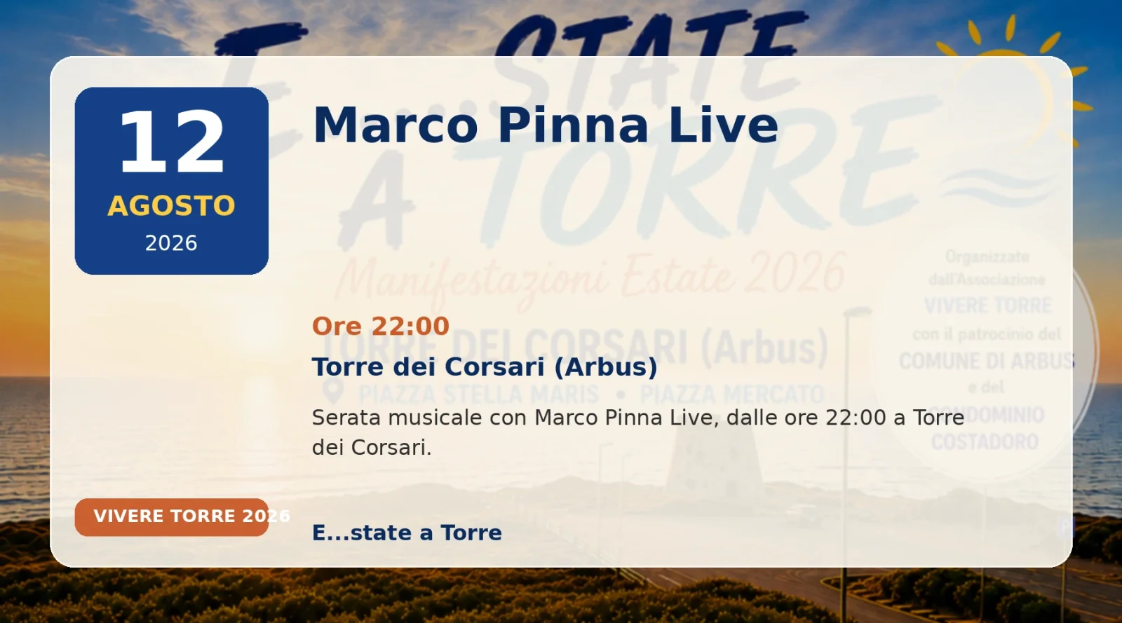 Marco Pinna Live - evento a Torre dei Corsari il 12 agosto 2026