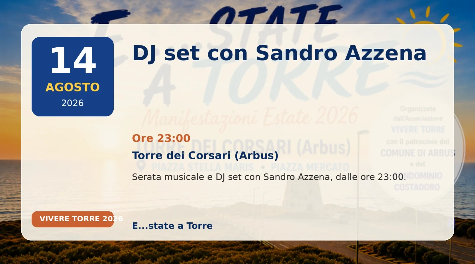 DJ set con Sandro Azzena - evento a Torre dei Corsari il 14 agosto 2026