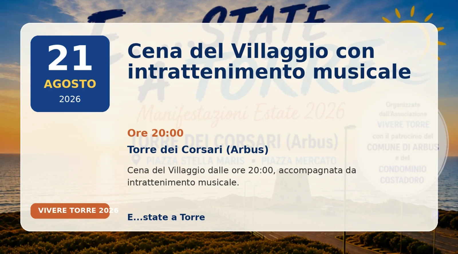 Cena del Villaggio con intrattenimento musicale - evento a Torre dei Corsari il 21 agosto 2026