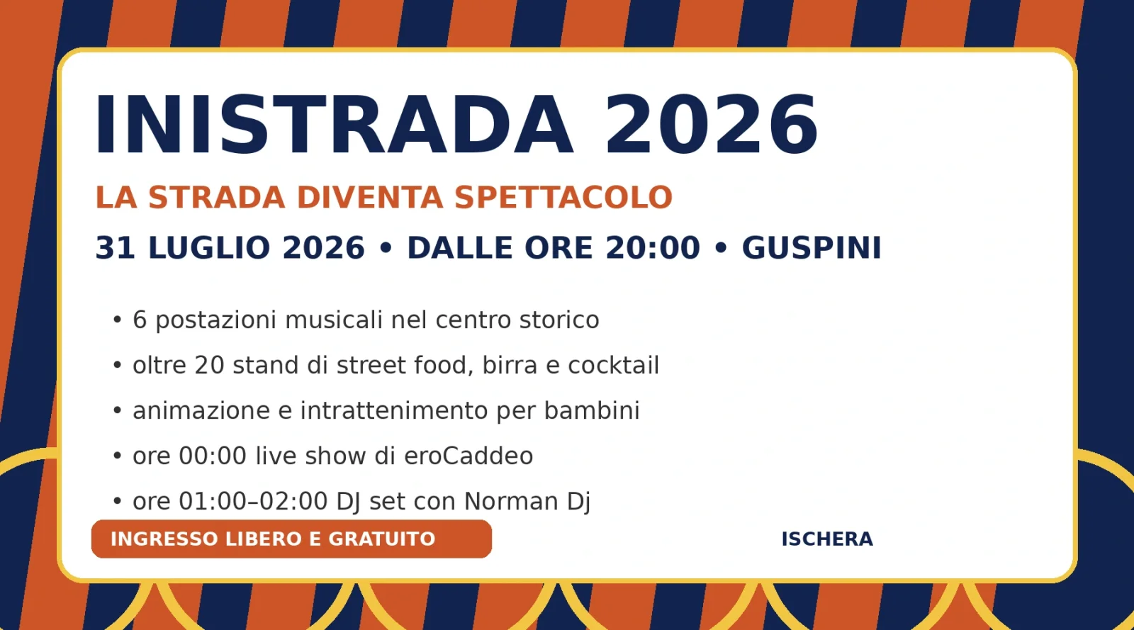 Inistrada 2026 a Guspini - musica, spettacolo e street food nel centro storico